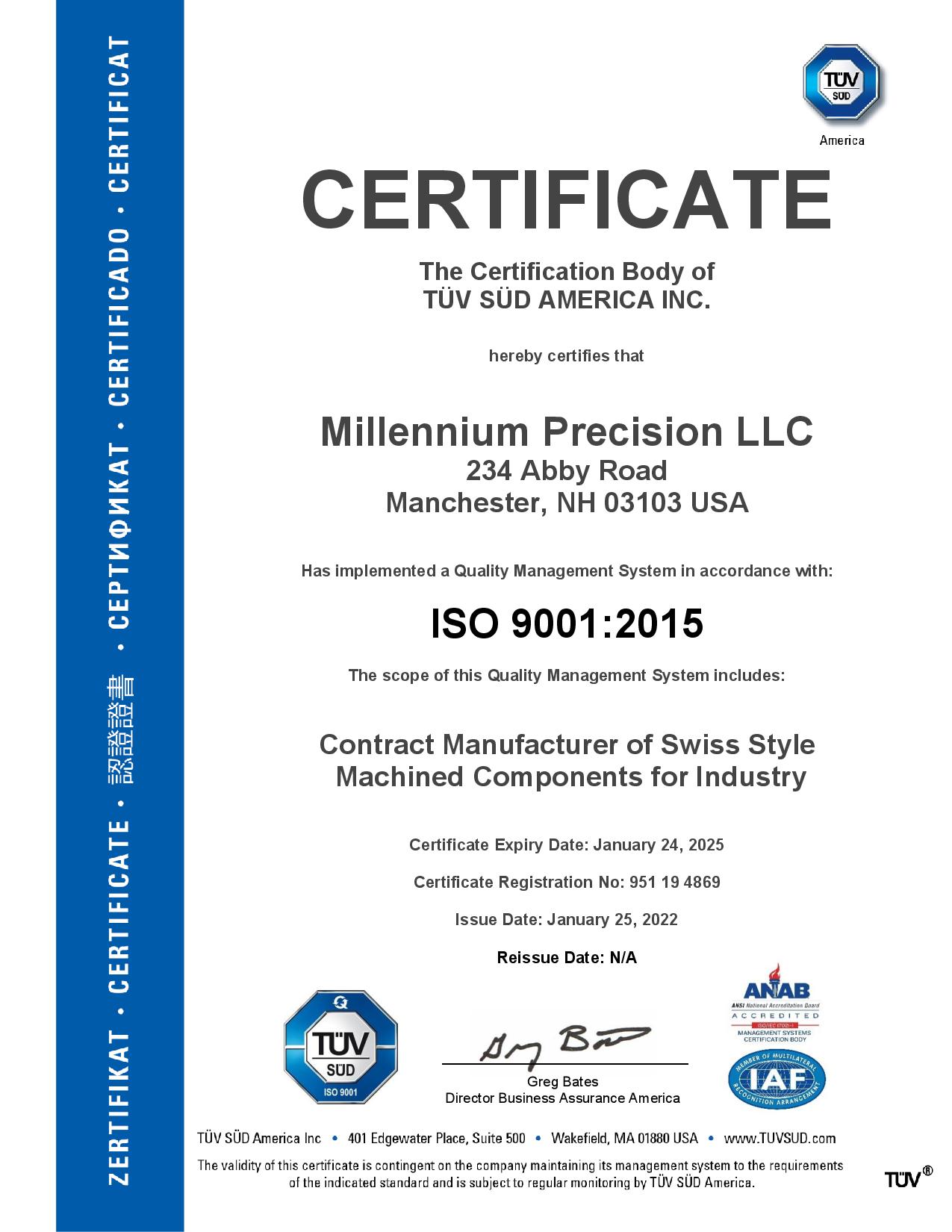 Millennium Precision ISO Certificate